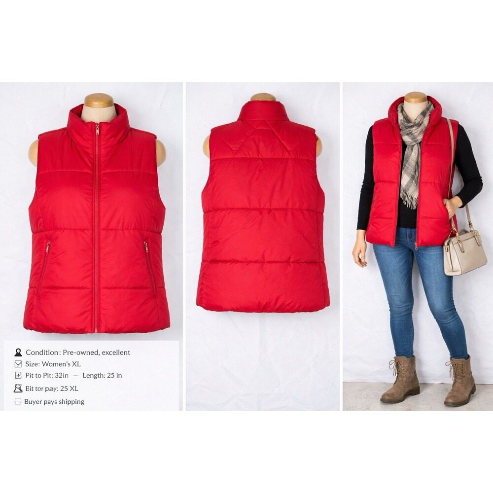 Erika & Co Puffer Vest Women XL Red Quilted Full Zip Lightweight Nylon Zip Pocke